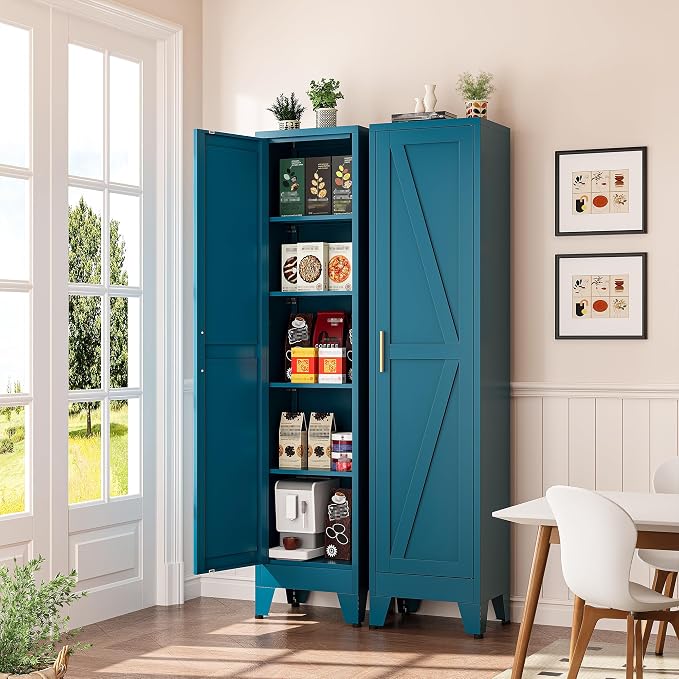 Narrow Bathroom Storage Cabinet Tall Metal Storage Cabinets with 4 Adjustable Shelves Freestanding 5 Tier Slim Pantry Cabinet for Kitchen Office Small Space Blue