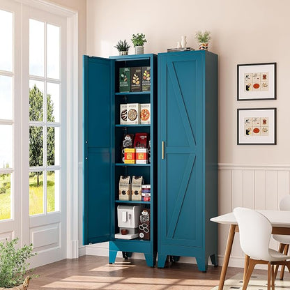 Narrow Bathroom Storage Cabinet Tall Metal Storage Cabinets with 4 Adjustable Shelves Freestanding 5 Tier Slim Pantry Cabinet for Kitchen Office Small Space Blue