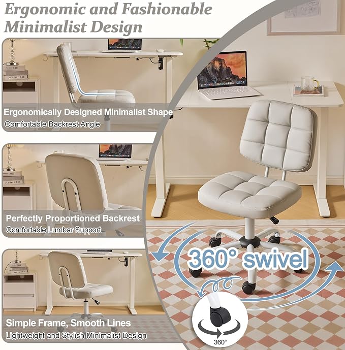 VINGLI Compact Small Desk Chair, Cute Armless Chair with Wheels, Vanity Chair with Low Back, Height Adjustable Task Chair for Small Spaces, Office, Bedroom, Make Up Room, PU Leather, Light Grey