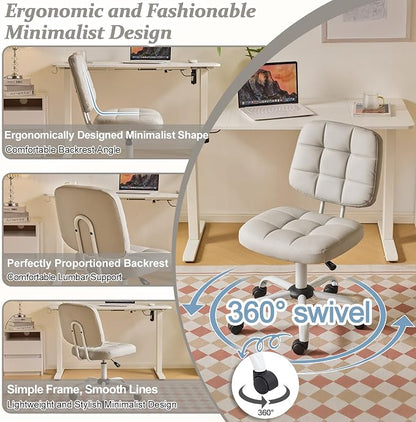VINGLI Compact Small Desk Chair, Cute Armless Chair with Wheels, Vanity Chair with Low Back, Height Adjustable Task Chair for Small Spaces, Office, Bedroom, Make Up Room, PU Leather, Light Grey