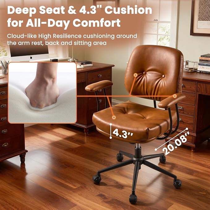 Leather Home Office Chair, Mid Back Ergonomic Desk Chair with Lumbar Support, Mid Century Modern Deep Seat Swivel Rocking Computer Chair, Brown