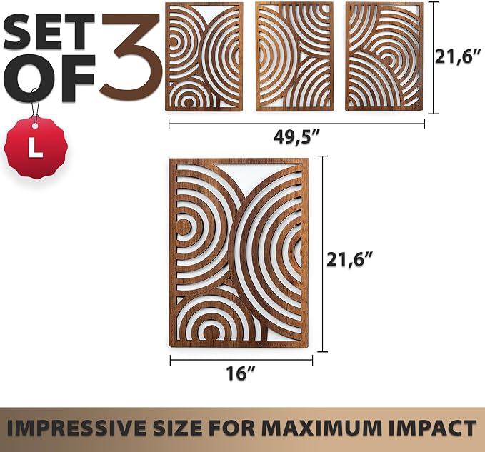 qmmp Modern Wooden Wall Sculptures - Set of 3 - Home Decor Accent - Large Wall Art for Living Room, Bedroom, Office - Easy Installation (Walnut, Large - Orbit)