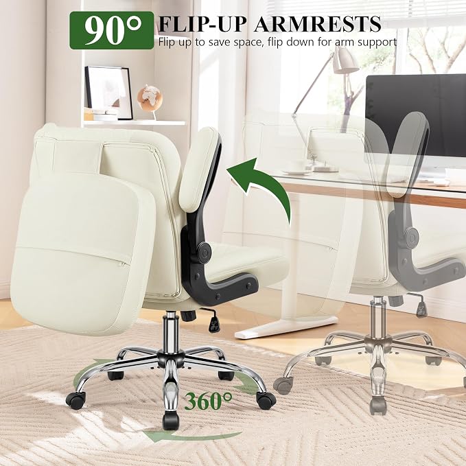 Criss Cross Office Chair with 2-in-1 Flip Backrest – Ergonomic PU Leather Floor Sitting Chair, Adjustable Height, 360° Swivel & Flip-Up Arms, Extra-Wide Seat for Home Office, Vanity, Nail Salon-White