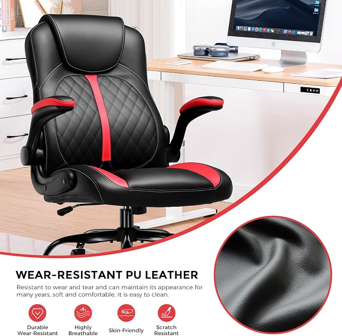 GTPLAYER Office Computer Gaming Chair Ergonomic Desk Chair for Adults with Lumbar Support Flip-Up Arms Adjustable Height Swivel Wheels PU Leather Executive Design for Short People Use, RED
