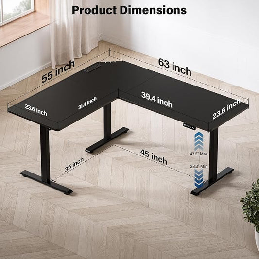 63 x 55 inch L-Shaped Standing Desk, Corner Computer Desk, Electric Standing Desk Adjustable Height, Sit to Stand Ergonomic Workstation for Home Office, Black