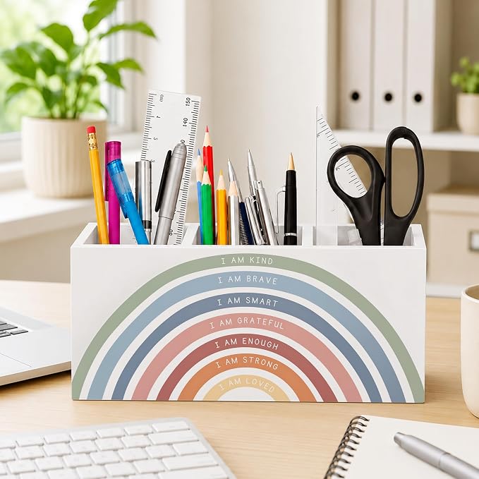 Boho Rainbow Classroom Pen Holder for Desk, I Am Kind Motivational Quotes Wooden Box Sign Desk Decor for Classroom Kids Room Home Office Decoration, Inspirational Pencil Organizer