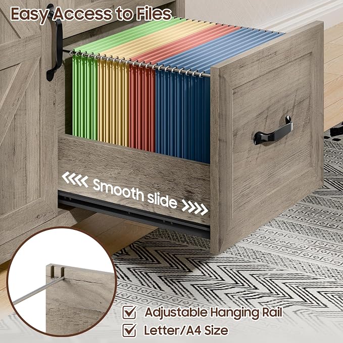 Befrases File Cabinet 3 Drawers Lateral File Cabinet with Adjustable Shelf for Letter/A4 Size Hanging Files, Large Wood File Storage Cabinets Printer Stand for Home Office, Grey