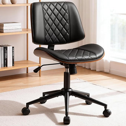 Shahoo Armless Office Chair with Wheels, Adjustable Height PU Leather Desk Chair with mid Back, Modern Walnut Style 360° Swivel Computer Chair for Small Spaces, Meeting Room, Black