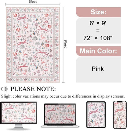 DUKINO 6x9 Rug, Washable Animal Living Room Rug with Non Slip Vintage Design, Soft Low Pile Large Carpet for Bedroom, Nursery, Dining Room, Farmhouse, Playroom, Pink