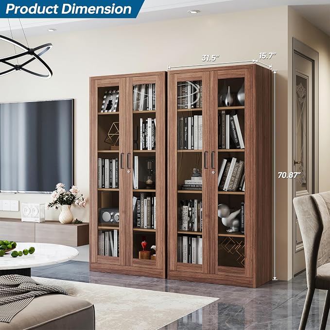 PEUKC Display Cabinet with Glass Doors, 71 Inches Metal Display Case with 4 Adjustable Shelves, Curio Storage Cabinet with Lock for Home, Office, Book, Pantry, Assemble Required (Wood Color)