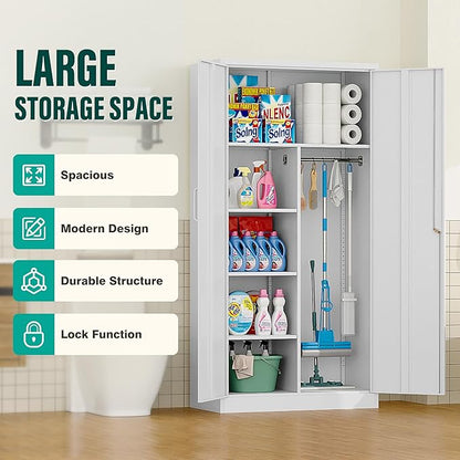 Wide & Deep Metal Storage Cabinet with Hanging Rod,White Broom Closet Storage Cabinet with Lock,72" Tall Wardrobe Cabinets with Doors and Shelves,Locking Steel Tool Cabinets for Home,Office,Garage