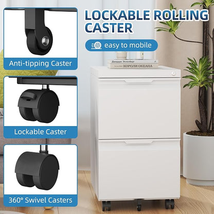 File Cabinet with Lock, 2 Drawer Mobile File Cabinet with Wheels, Metal Vertical File Cabinets for Home Office, Rolling Filing Cabinets Under Desk Storage for Letter/Legal/A4 Files