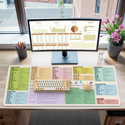 iCasso Excell Cheat Sheet Desk Mat, Excel Mouse Pad Shortcuts, Extended Large XXL Non-Slip Exel Mousepad with Stitched Edges,Keyboard Mats for Desktop Protector