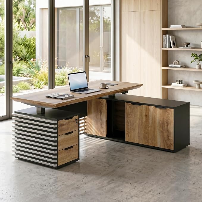 SAINTCY 78.74In L Shaped Executive Standing Desk with Drawers, Large Modern Adjustable Heigh Home Office Desk w/Universal Charging Ports, Business Workstation, Black and Warm Oak