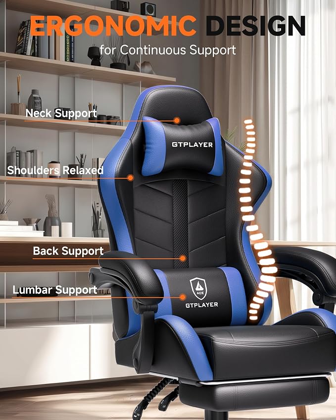 GTPLAYER Gaming Chair with Footrest, Computer Gaming Chair for Adults, Height Adjustable Gamer Chair with 90-155° Recline & Removable Headrest Lumbar Support, Dark Black-Blue