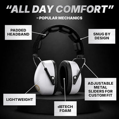 DECIBEL DEFENSE Professional Safety Ear Muffs 37dB NRR - The HIGHEST Rated & MOST COMFORTABLE Ear Protection For Shooting & Industrial Use - THE BEST HEARING PROTECTION...GUARANTEED (WHITE)