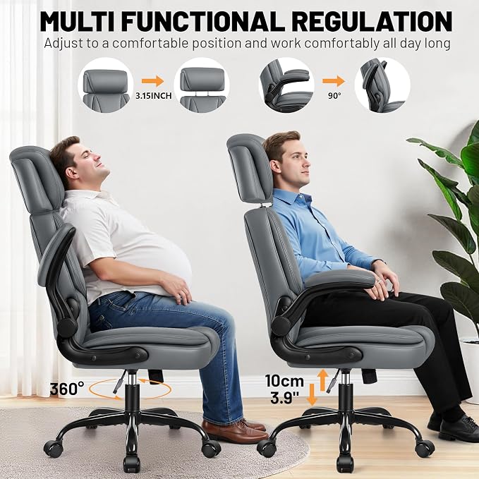 BestGlory Ergonomic Office Chair, PU Leather Executive Desk Chair with Adjustable Headrest, Flip-Up Arms and Lumbar Support, High Back Computer Chair for Home Office, Remote Work, Gaming, Grey