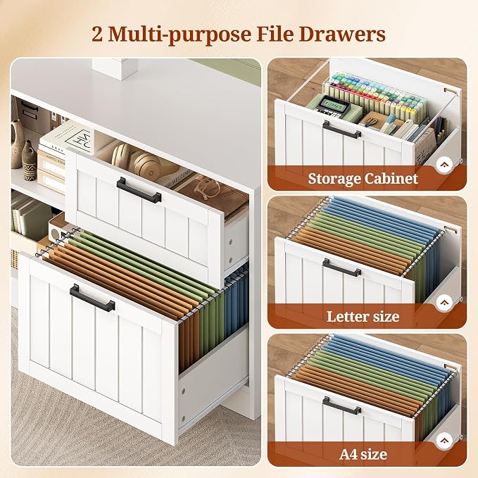 UPOSOJA 59" Farmhouse L Shaped Standing Desk with File Drawers, Electric Executive Desk Adjustable Height with Power Outlets, Storage Shelves, Sit Stand Corner Computer Desk for Home Office, White