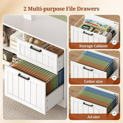UPOSOJA 59" Farmhouse L Shaped Standing Desk with File Drawers, Electric Executive Desk Adjustable Height with Power Outlets, Storage Shelves, Sit Stand Corner Computer Desk for Home Office, White