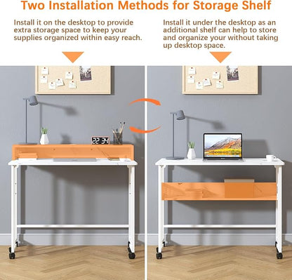 Gezen Folding Desk With Storage Shelf, Small Rolling With Wheels, Mobile Couch Sofa Side Table Bed for Home Office Small Space, White Marble, 39.4"