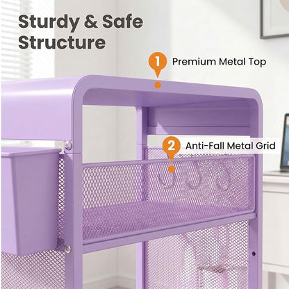 ECOLOVI 3 Tier Printer Stand for Under Desk, Height Adjustable Shelf Small Printer Table with 3 S-Hooks & Basket, Heavy Duty Industrial Storage Shelf for Home Office (Purple Metal)