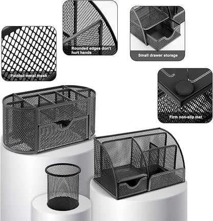 17 in 1 Black Desk Organizers and Accessories Set, 3 Office Desk Supplies Storage Organization, 4 Pens, Stapler, Staples & Remover, Tape & Dispenser, Scissors, Ruler, Clips, Hole Punch, Back to School