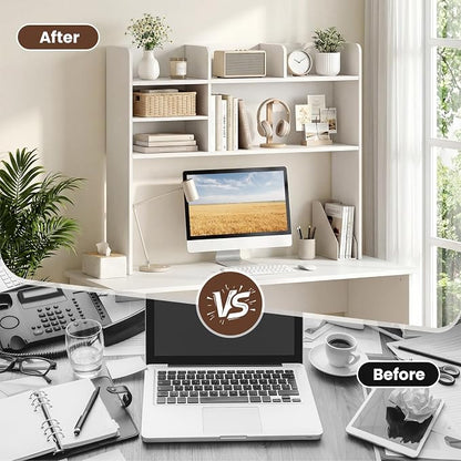 LDAILY 3-Tier Desktop Bookshelf, Wooden Desk Hutch for Computer Monitor Up to 32 Inch, Desk Organizer Shelf with Adjustable Shelf & 6 Storage Shelves, Desk Display Rack for Home Office Dorm (White)