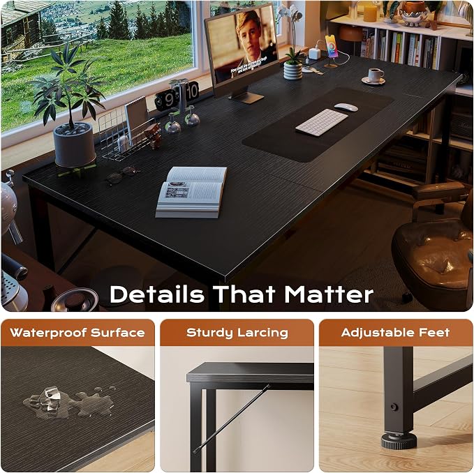 PRAISUN 63 X 30 Inch Computer Desk with Power Outlets & USB-C Port,Larger and Longer Office Desk with Deeper Desktop, Study, Bedroom, Writing Work from Home Table, Metal Frame, Black