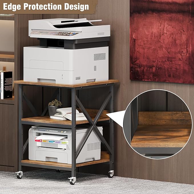 VENNQD 23.6 x 23.6 x 30.3 Inches Printer Stand, Large Printer Table with Adjustable Middle Shelf, Rolling Printer Cart with Wheels, 3 Tier Printer Table for Home Office Scanner Fax, Rustic Brown