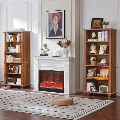 SAVOR LIFE 70" Tall Brown Bookshelf,5 Tier Wooden Book Shelf with Adjustable Shelves & Wood Legs,Free Standing Farmhouse Bookcase with Open Display Storage,Vintage Bookshelves for Classroom, 2PCS