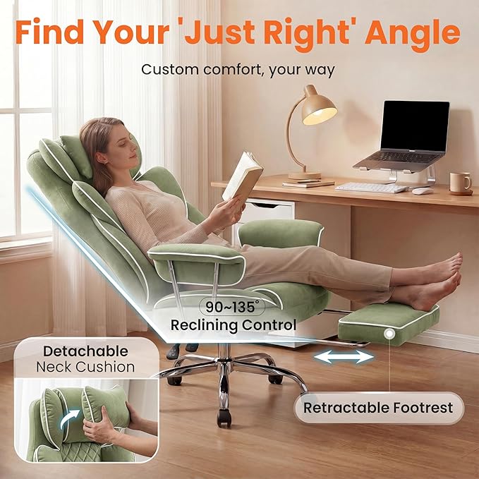 NEO CHAIR Big and Tall Office Chair Gaming Computer Chair High Back Heavy Duty Desk Chai with Lumbar Support Adjustable Recliner Footrest Wide Seat Fabric Executive Home with Wheels (Fabric Green)