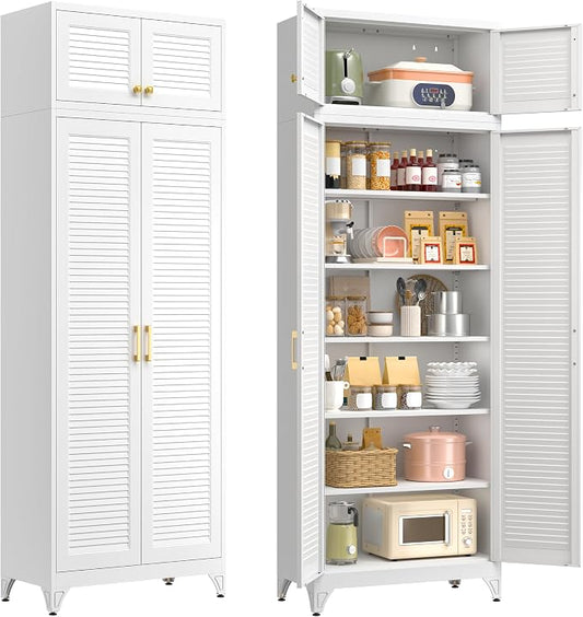 Polup Kitchen Pantry Cabinet, 90" Tall Metal Storage Cabinet, Food Pantry cabinets with Doors and Shelves, Steel Cabinets for Living Room, Dining, White,16" D x 32" W x 90" H, Assembly Required