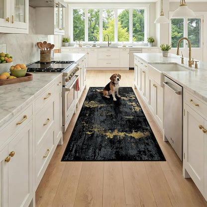 RELEANY Washable Area Rugs 3x6 Non-Slip Modern Abstract Soft for Living Room Entryway Bedroom Kitchen, Print Pattern, Dark Black Gold