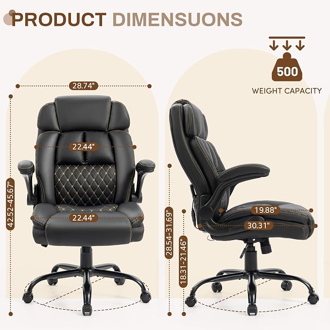 Massage Office Chair, 500LBS Ergonomic Rocking Executive Desk Chairs with 4 Points Vibration&Heat,Padded Flip-up Armrests for Big and Tall Office Chair,Swivel Computer Chair Thicken, PU Black