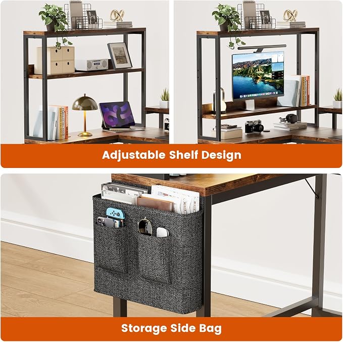 REAHOME 70 Inch L Shaped Desk with File Drawers and Reversible Storage Shelves, Computer Desk with Power Outlet & LED Strip, Home Office Desks, Writing Study Desk for Bedroom, Rustic Brown