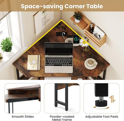 Giantex Small Corner Desk with Charging Station, Triangle Computer Desk with Keyboard Tray & Storage Shelf, Metal Corner Writing Desk for Bedroom, Small Space, Home Office, Black & Rustic Brown