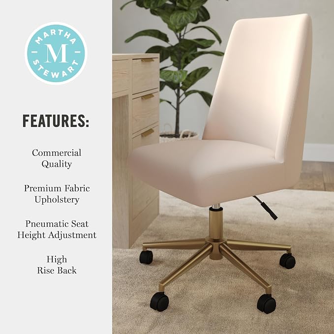 Martha Stewart Maeve Swivel Task Chair with Height Adjustable Seat for Home Office in Conch Shell Fabric with Polished Brass Frame