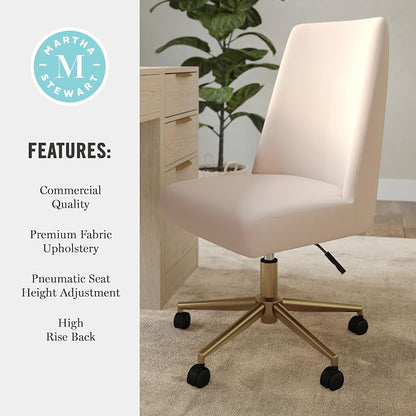 Martha Stewart Maeve Swivel Task Chair with Height Adjustable Seat for Home Office in Conch Shell Fabric with Polished Brass Frame