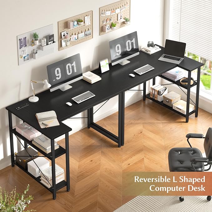 EnHomee Office Desk with Outlet,Power Home Office & Study Electronic Gear | Reliable Power Supply for Study & Electronic Device,Reversible Shelves & Side Bag,Convenience for Small Space, Black