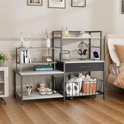 Saudism 3D Printer Stand with Storage Drawer and Rolling Filament Basket, Industrial Printer Table with Open Shelves and Hooks, Sturdy Metal Workstation for 3D Printing Tools and Accessories, Gray