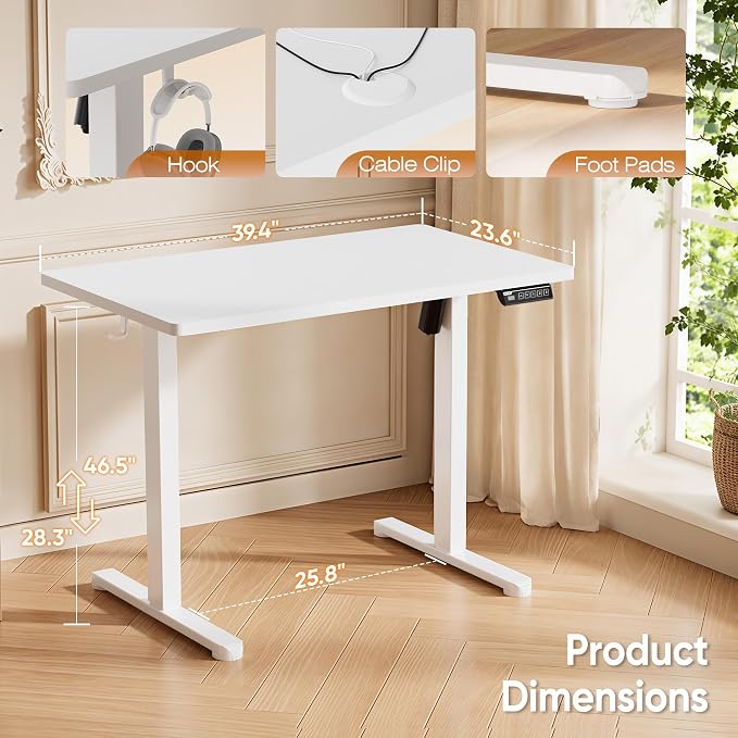 Monomi Standing Desk, 39.4‘’ Small Sit Stand up Height Adjustable Electric Standing Desk with 3 Memory Setting, Ergonomic Home Office Computer Desk, White
