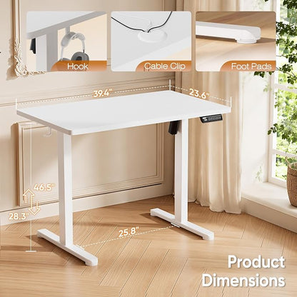 Monomi Standing Desk, 39.4‘’ Small Sit Stand up Height Adjustable Electric Standing Desk with 3 Memory Setting, Ergonomic Home Office Computer Desk, White