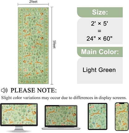 DUKINO 2x5 Rug for Hallway, Washable Kitchen Runner Rug with Non Slip Backing, Soft Low Pile Vintage Animal Runner for Bedroom, Kitchen, Hallway, Entryway, Laundry, Light Green