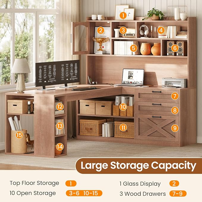 SEDETA Farmhouse L Shaped Office Desk with Drawers, 61” Computer Desk with Storage Shelves and Power Outlet, Corner Gaming Desk with LED Light and Display Cabinet for Home Office, Light Brown
