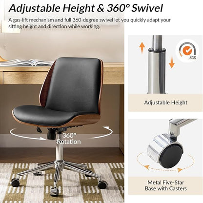 HULALA HOME Faux Leather Home Office Chair with Bent Wood Design & Rocking Tilt Function, Modern Swivel Desk Chair with Adjustable Height, Comfy Upholstered Armless Computer Task Chair, Black