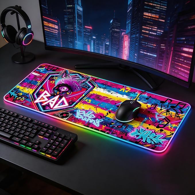 Cyberpunk Neon Rabbit RGB Gaming Mouse Pad – 31.5"x11.8" Large LED Desk Mat with Urban Street Art Design Third Eye, Shield & Straw Hat Motif for PC & Laptop Setup
