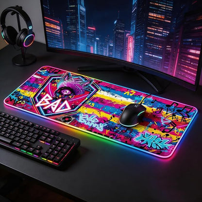 Cyberpunk Neon Rabbit RGB Gaming Mouse Pad – 31.5"x11.8" Large LED Desk Mat with Urban Street Art Design Third Eye, Shield & Straw Hat Motif for PC & Laptop Setup