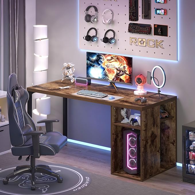 EXCEFUR Computer Desk for Home Office, Modern Writing Desk with Reversible Storage Shelves, Wood and Metal Gaming Study Table Workstations, 53 Inch, Rustic Brown