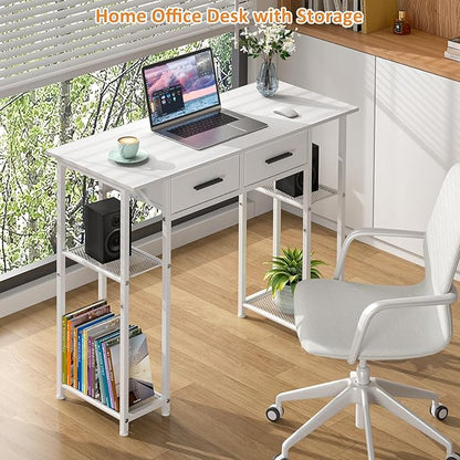 DAOUTIME White Computer Desk with Drawers, 37.3 Inch Home Office Work Desk with Storage Shelf, Kids Teens Study Table for Small Space, Small Writing PC Table for Bedroom Makeup Vanity Desk