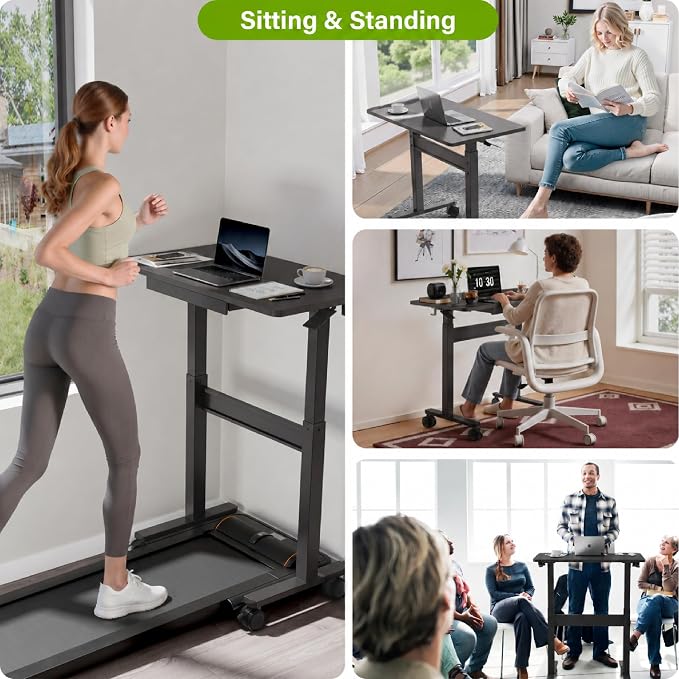 Standing Desk for Walking Pad with Wheels, Pneumatic Cordless Height Adjustable Rolling Desk, Mobile Computer Workstation with Drawer Hook Locking Casters for Treadmill & Home Office, Black
